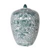 Decorative urn with a ceramic lid and green painted detailing