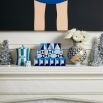 Wooden lacquer box with blue and white geometric design 