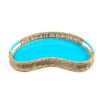 Curved blue glass tray with wicker border