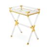 A luxurious acrylic and brass tray table by Jonathan Adler