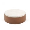 Gorgeous large round pouf with boucle surface and brown leather edge