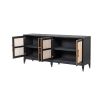 A stylish black oak and natural rattan sideboard with antique brass-effect details