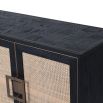 A stylish black oak and natural rattan sideboard with antique brass-effect details