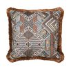 Gorgeous patterned cushion with copper-toned embroidery and fringe