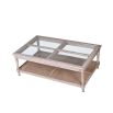 whitewash coffee table with glass panels and caned shelf