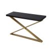 A console table with criss-cross brass base