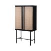 Stunningly sleek drinks cabinet with rattan doors and long black handles