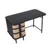 Captivating black wood desk with three rattan-finished drawers