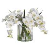 White orchid arrangement draped in a glass vase