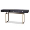 Black wooden industrial-style desk with brass frame