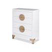 White chest of drawers with circular brass handles and legs