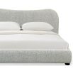Grey boucle upholstered king size bed with wooden legs