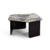 Pentagonal-shaped grey marble top coffee table with matte black legs