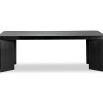 Wide legged dining table in black wood finish with glass top