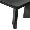 Wide legged dining table in black wood finish with glass top
