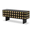 art deco sideboard with repeated geometric circular patterns accented in brushed brass