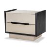 Neutral leather finish two-drawer bedside table with black contrast edges