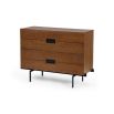 Retro-style brown wood chest of drawers with black accents