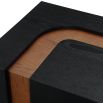 Black cube-shaped side table with elegant streak of natural wood