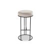 Round bar stool with thin black base in light grey upholstery