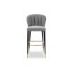 Art-deco inspired bar stool in grey velvet with fluting details and brass accents