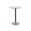 White marble top bar table with brass element at the base