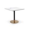 Square dining table with white marble top and brass base