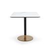 Square dining table with white marble top and brass base