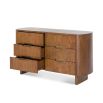 Contemporary warm brown wood chest of 6 drawers with rounded edges and brass details
