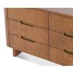 Contemporary warm brown wood chest of 6 drawers with rounded edges and brass details