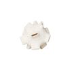 White sculpture with terracotta-coloured speckles and narrow craters