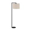 Floor lamp featuring sleek black design and natural textured shade