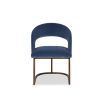 Curved back dining chair in blue velvet with bronze base frame