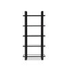 Black structured shelving with glass panel shelves