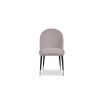 Light grey upholstered dining chair with tapered black legs with brass caps