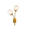 Brass wall fixture with two splayed orb lights