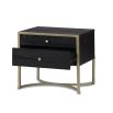 Dark wood side table with two drawers, curved legs and brass accents