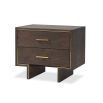 Brown wood bedside table with elegant brass edges and handles