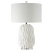 A modern side lamp with a textured white ceramic base and luxury linen shade