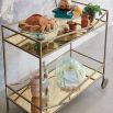 A luxury bar cart by Caracole with a glamorous gold finish