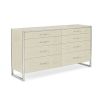Chic and glamorous chest of drawers with silver trim and eight drawers for storage 