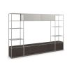 Modern shelving unit with glass shelves, metal frame and cupboard storage 