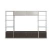 Modern shelving unit with glass shelves, metal frame and cupboard storage 