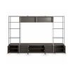 Modern shelving unit with glass shelves, metal frame and cupboard storage 