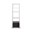 Modern shelving unit with glass shelves, metal frame and cupboard storage 