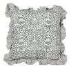 Square cushion in green floral design with elegant ruffled edges.