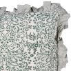 Square cushion in green floral design with elegant ruffled edges.