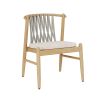 Elegant, light wood, scandi inspired dining chair with woven back and plush seat cushion