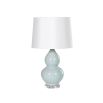 Pale blue hourglass porcelain table lamp on crystal base with white lamp shade
