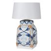 Blue handpainted patterned side lamp with rattan edges